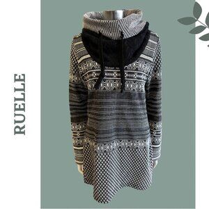 Ruelle Long Sleeve Tunic Pullover Black White Print Oversized Cowl Neck Medium